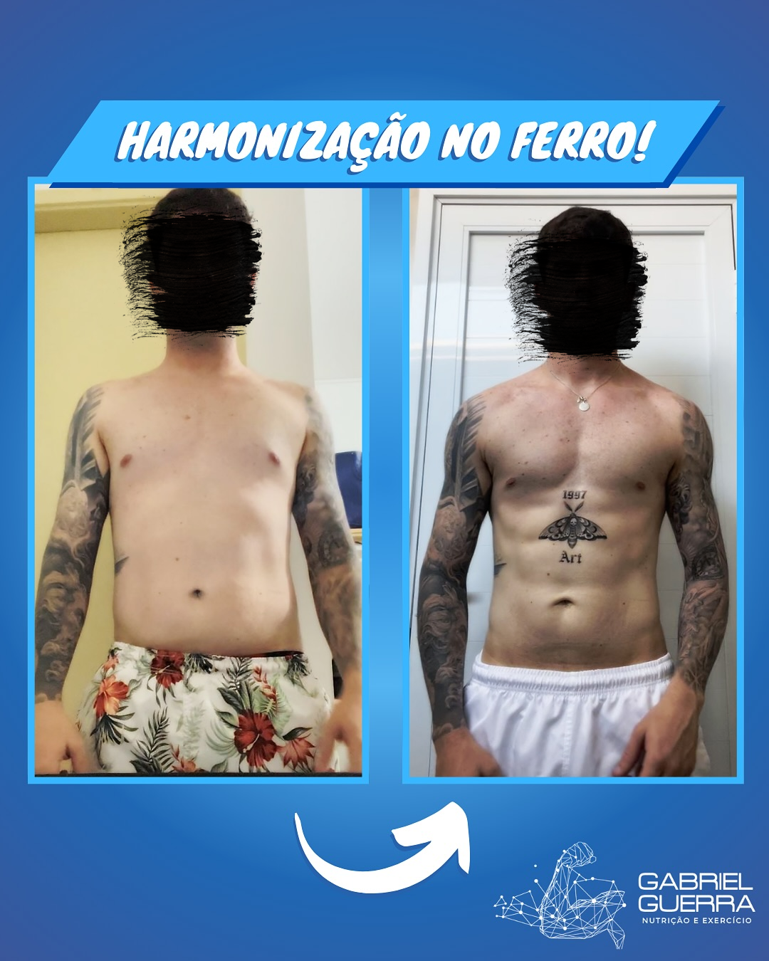 Bruno antes e depois de iniciar o processo de transformação corporal.
